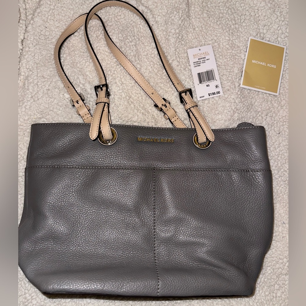 NWT Michael Kors Bedford Pebble Leather Steel Gray Tote